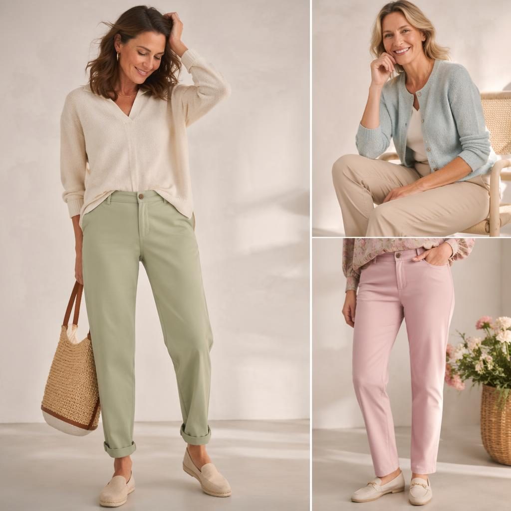 Modèle en pantalon femme Intermarché dans un studio neutre, palette pastel romantique, pose naturelle et esprit éditorial.