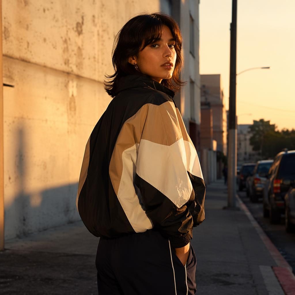 Modelo con look streetwear urbano posando en una calle de ciudad al atardecer con luz cálida y ambiente íntimo