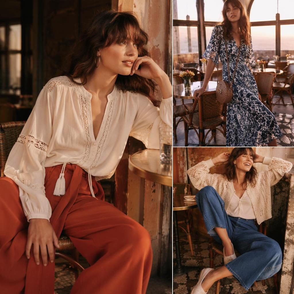 Modèle en tenue Promod nouveautés, robe fluide bohème, posant naturellement dans un café vintage à la lumière dorée