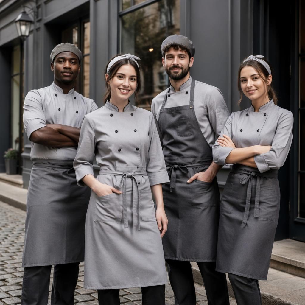 Model in a cheerful chef uniform poses on an urban street with a cottagecore feel, cool gray tones, and editorial lighting.