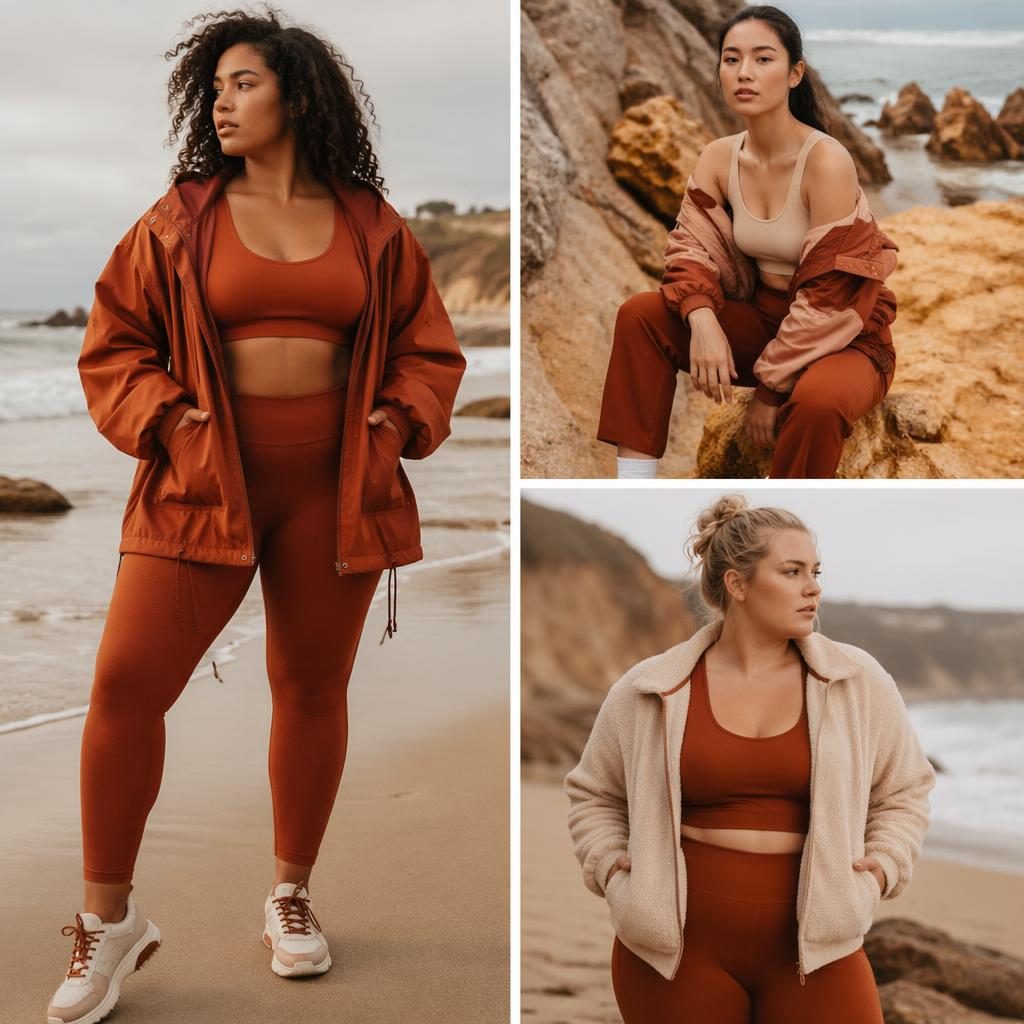 Model in rust-toned athletic sportswear posing on a beach in an editorial fashion lookbook photo