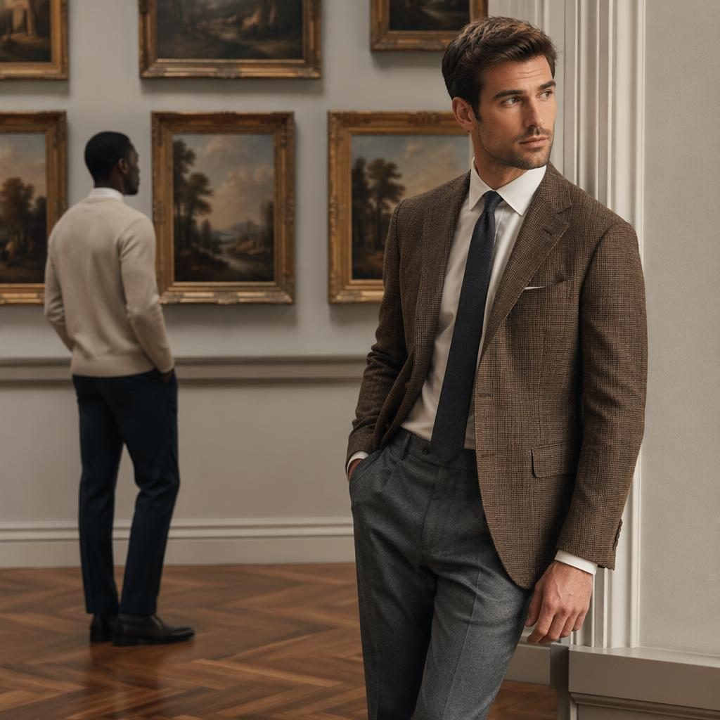 Male model in muted neutral preppy outfit posing naturally in an art gallery with cool, confident editorial lighting.