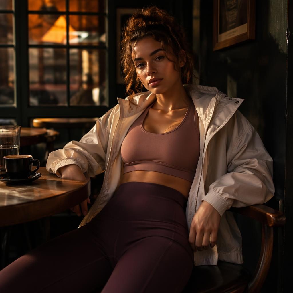 Modèle en tenue sportswear athlétique dans un café vintage, ambiance sombre et chaleureuse au coucher du soleil.