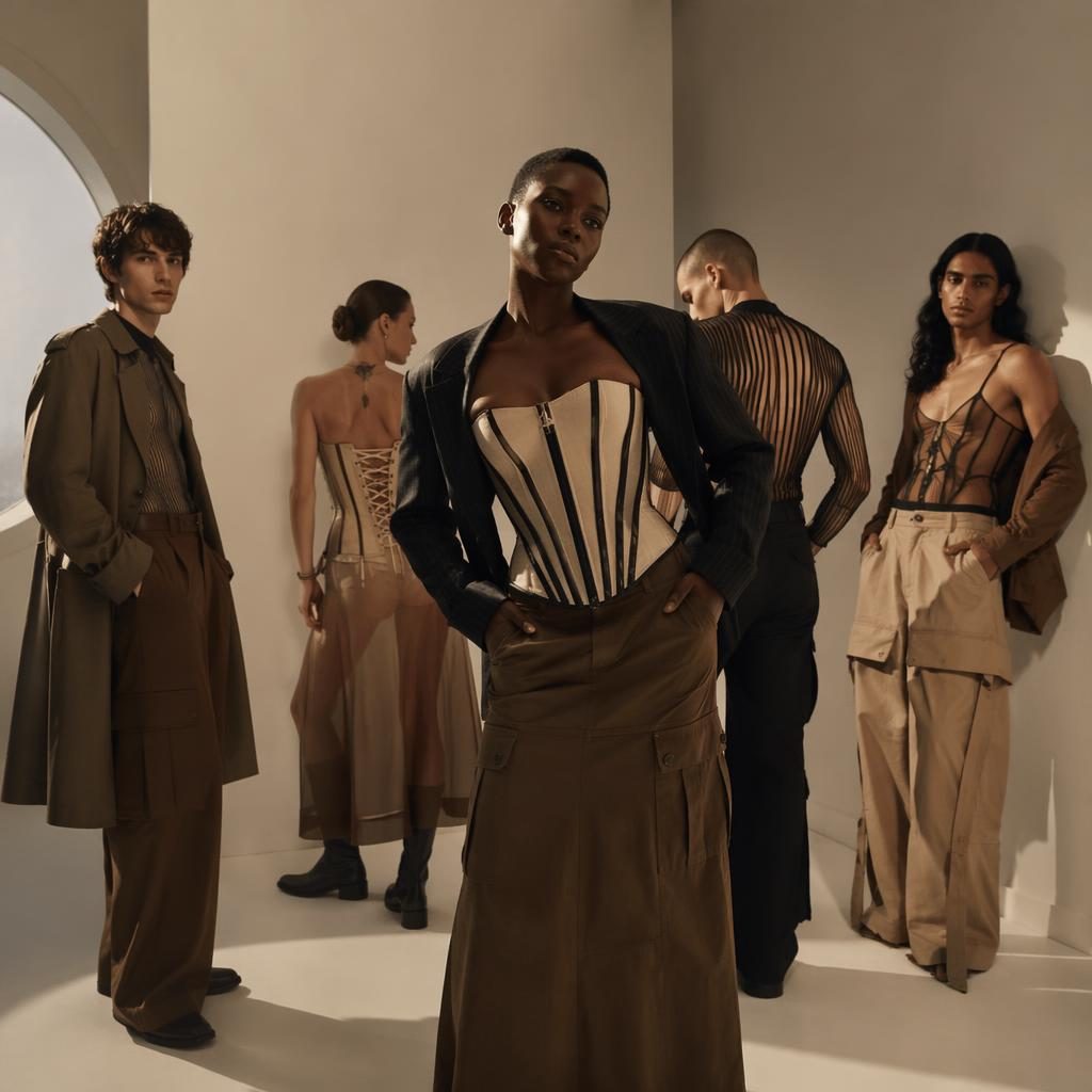 Editorial fashion model in a dark academia-inspired lookbook outfit posed in minimalist white space with warm earth tones