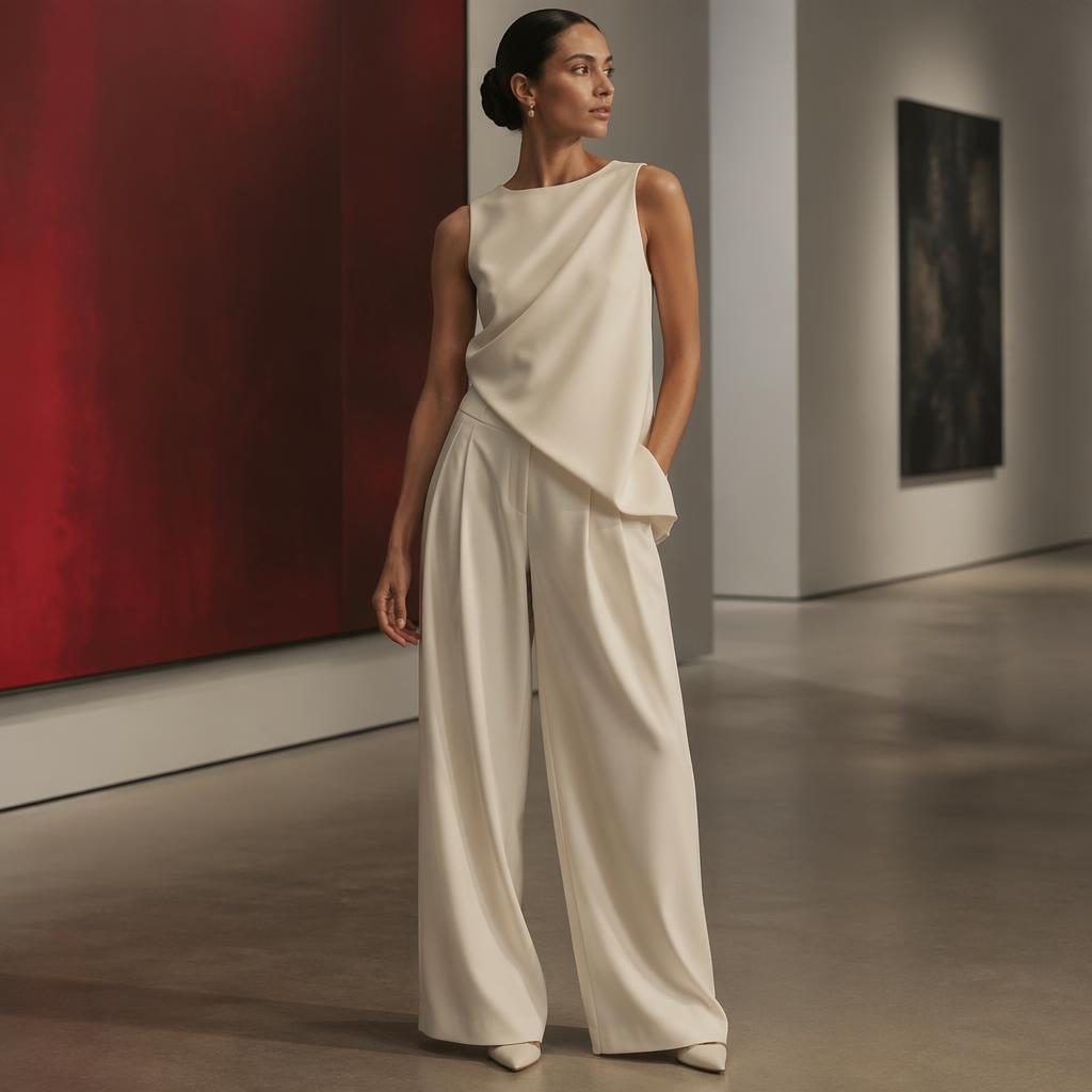 Model in a minimalist editorial outfit poses in an art gallery with soft dreamy light and a bold high-contrast palette.