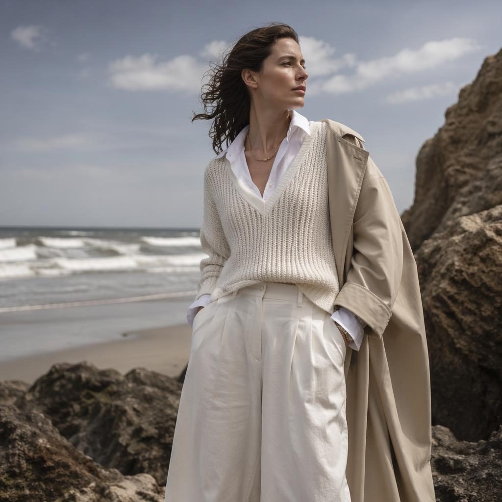Editorial fashion model on a beach in muted neutral clothing, natural pose, bold mood, magazine-style lighting