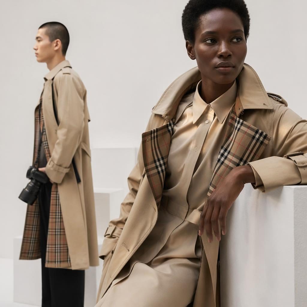 Editorial fashion model in a futurist outfit posed in a minimalist white studio with bold high-contrast lighting.