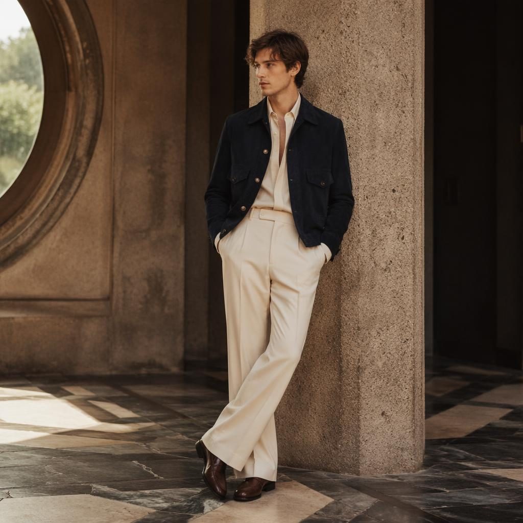 Editorial fashion model in a mr porter lookbook outfit posing naturally inside a dramatic architectural building