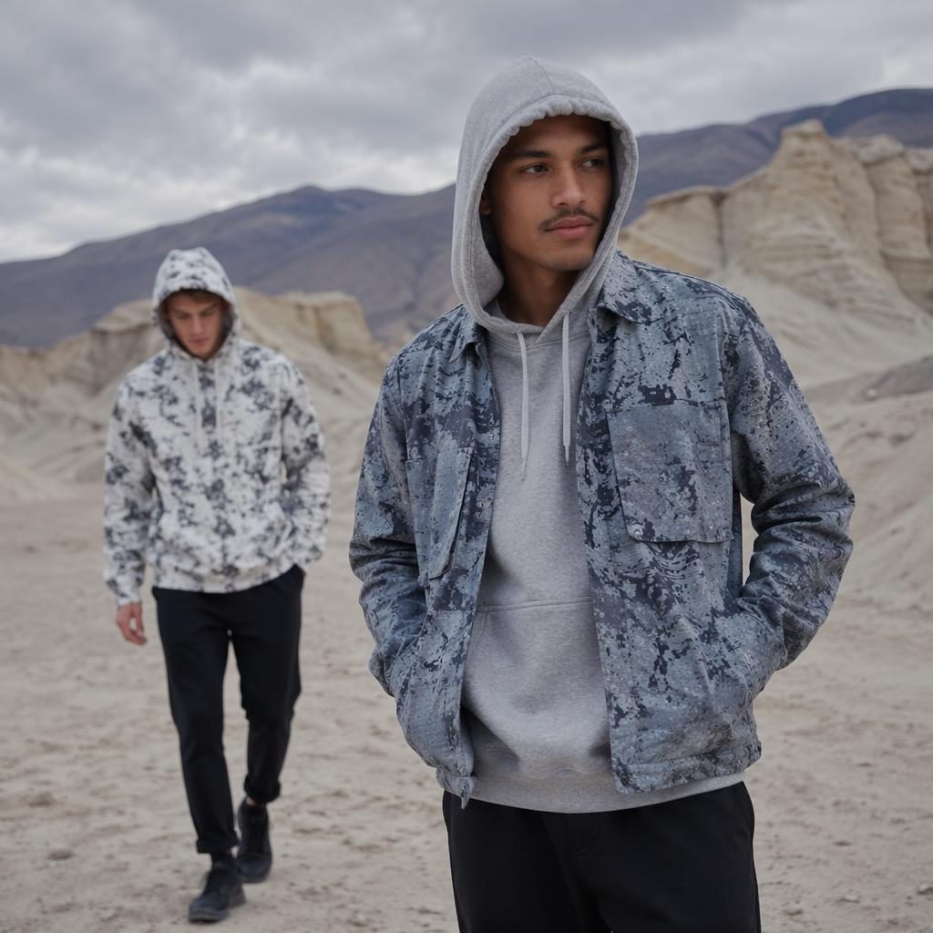 Model in a minimalist streetwear outfit standing in a desert, candid pose, cool gray tones, editorial fashion lighting