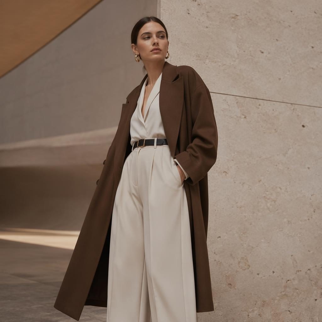 Model in a vogue editorial outfit posing naturally at a modern architectural building in warm earth tones