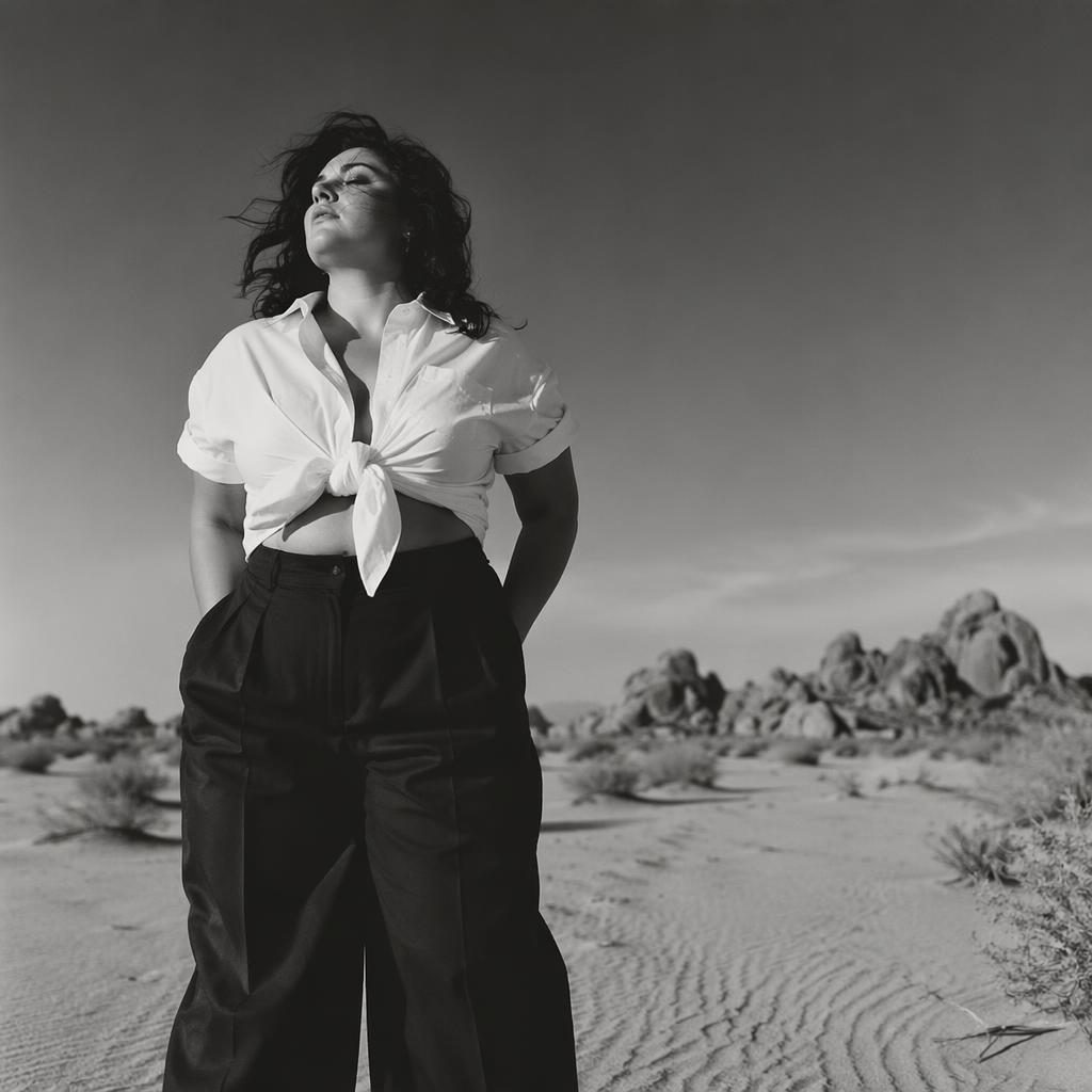 Black and white editorial fashion model in a desert, natural pose, dark moody Y2K-inspired lookbook styling