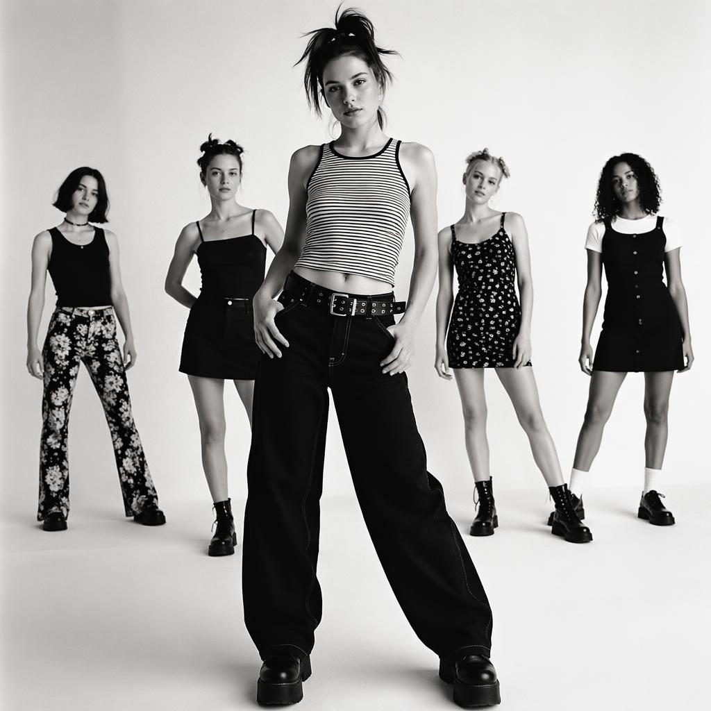 Editorial fashion model in a minimalist white studio wearing a delia's catalog 90s fashion look in black and white