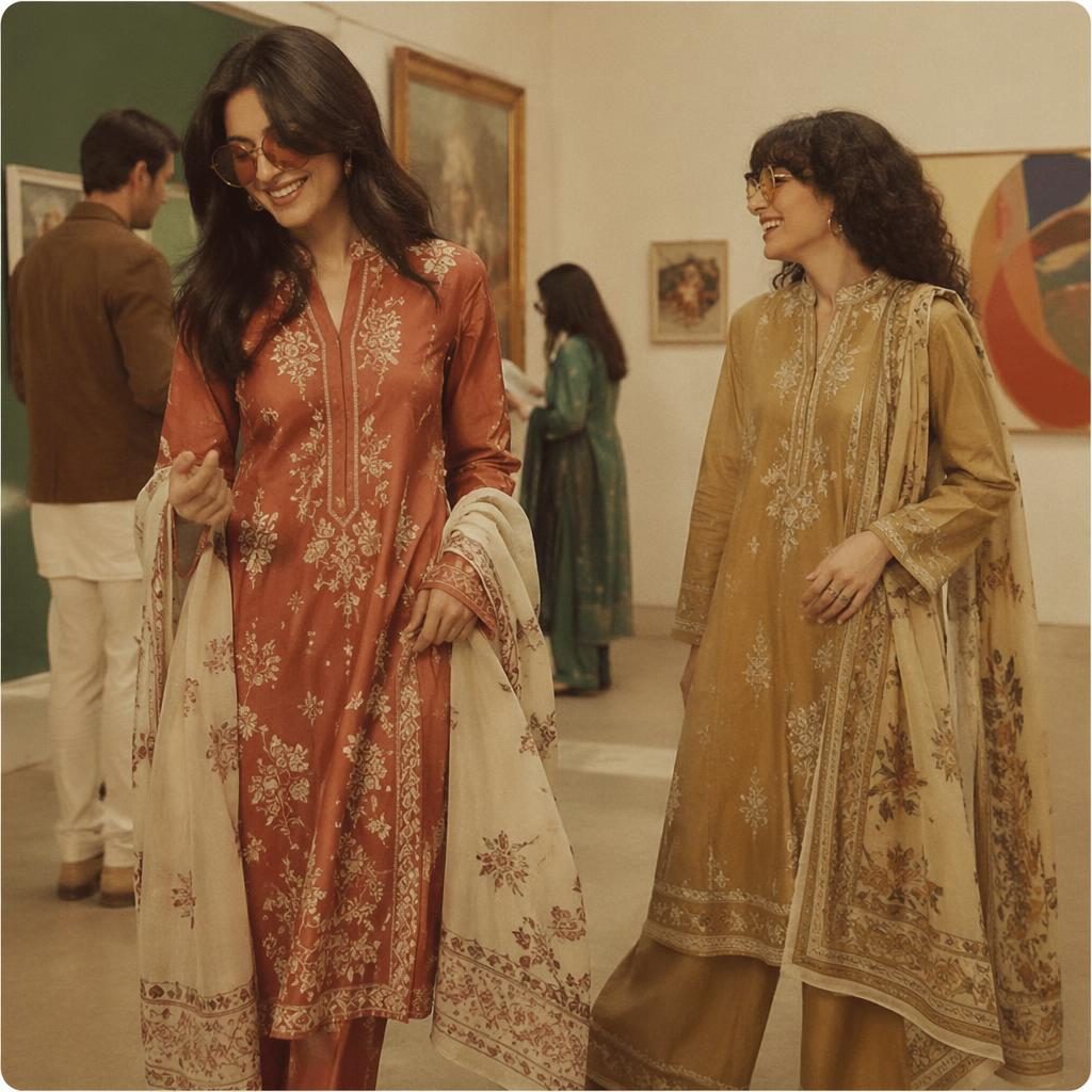 Model in a laado suit collection outfit posing candidly in a vintage 70s-style art gallery with warm earth tones