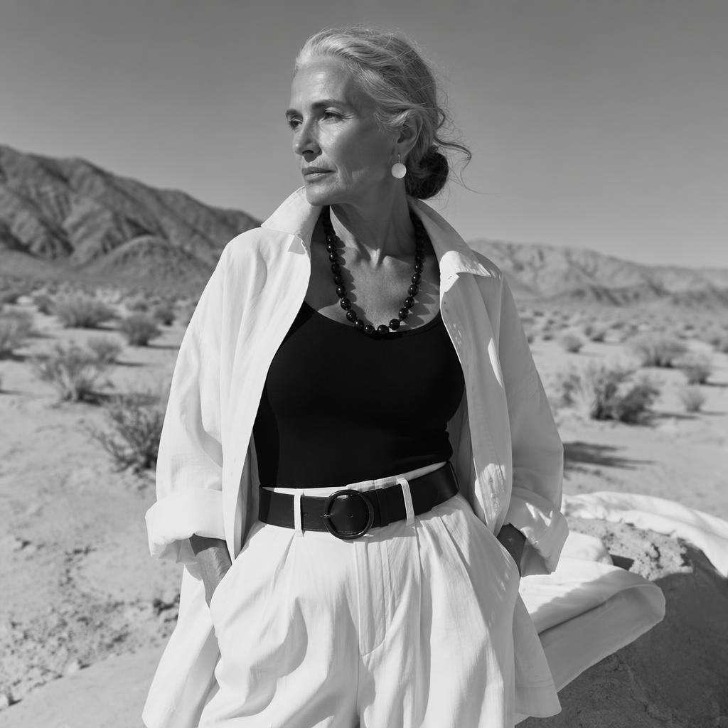 Modèle en tenue de mode editorial, pose naturelle dans le désert, photo lookbook noir et blanc au style luxe.