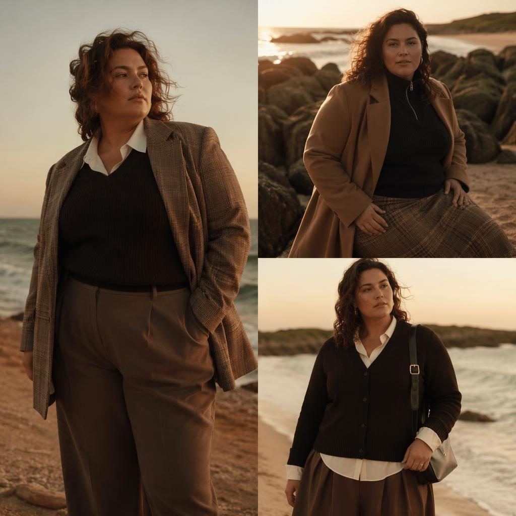 Modèle grande taille en tenue dark academia sur une plage au coucher du soleil, pose naturelle et assurée.