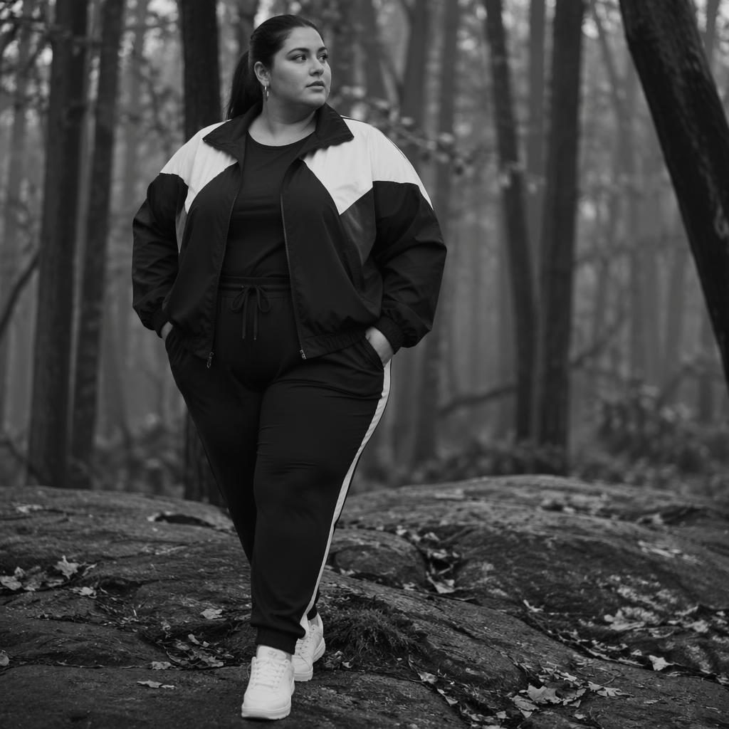 Black and white editorial fashion photo of a plus size model in urban streetwear posing naturally in a dark forest.