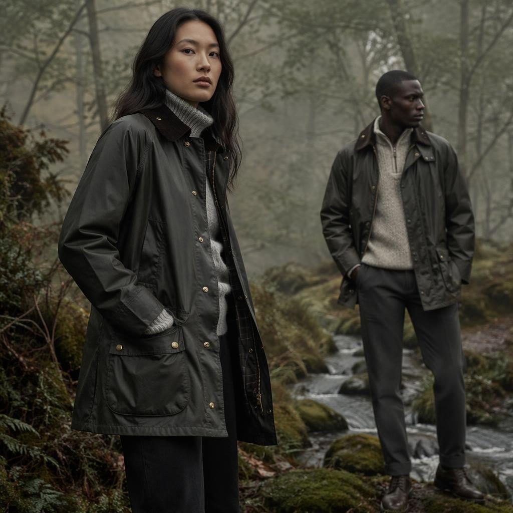Editorial fashion model in a barbour lookbook outfit posed in a cool gray forest with confident runway-inspired styling
