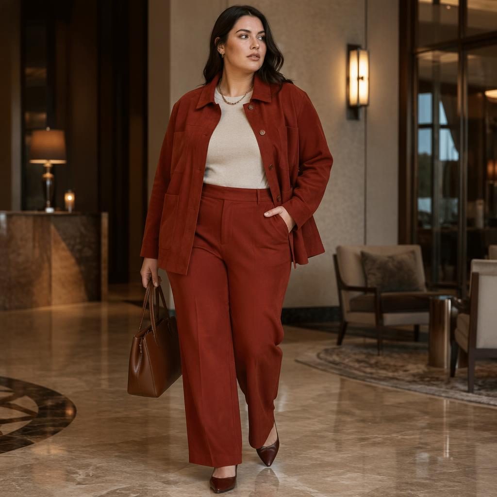 Editorial fashion model in a Patrick James catalog look inside a luxury hotel lobby with soft dreamy lighting and rust tones.