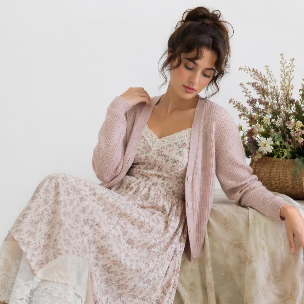Modèle en tenue cottagecore pastel dans un espace blanc minimaliste, pose naturelle et ambiance intime.