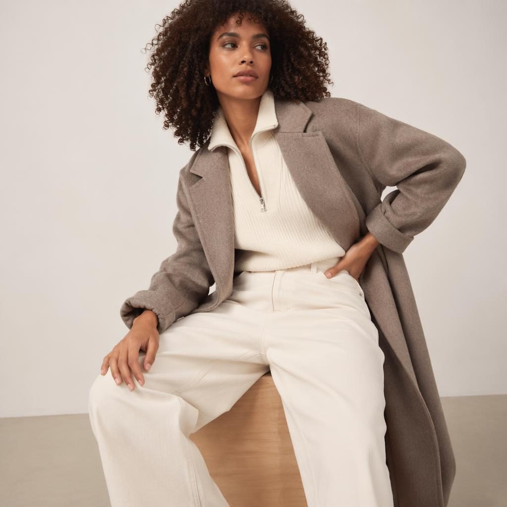 Editorial fashion model in a neutral studio wearing a muted, runway-inspired outfit in a playful candid pose.