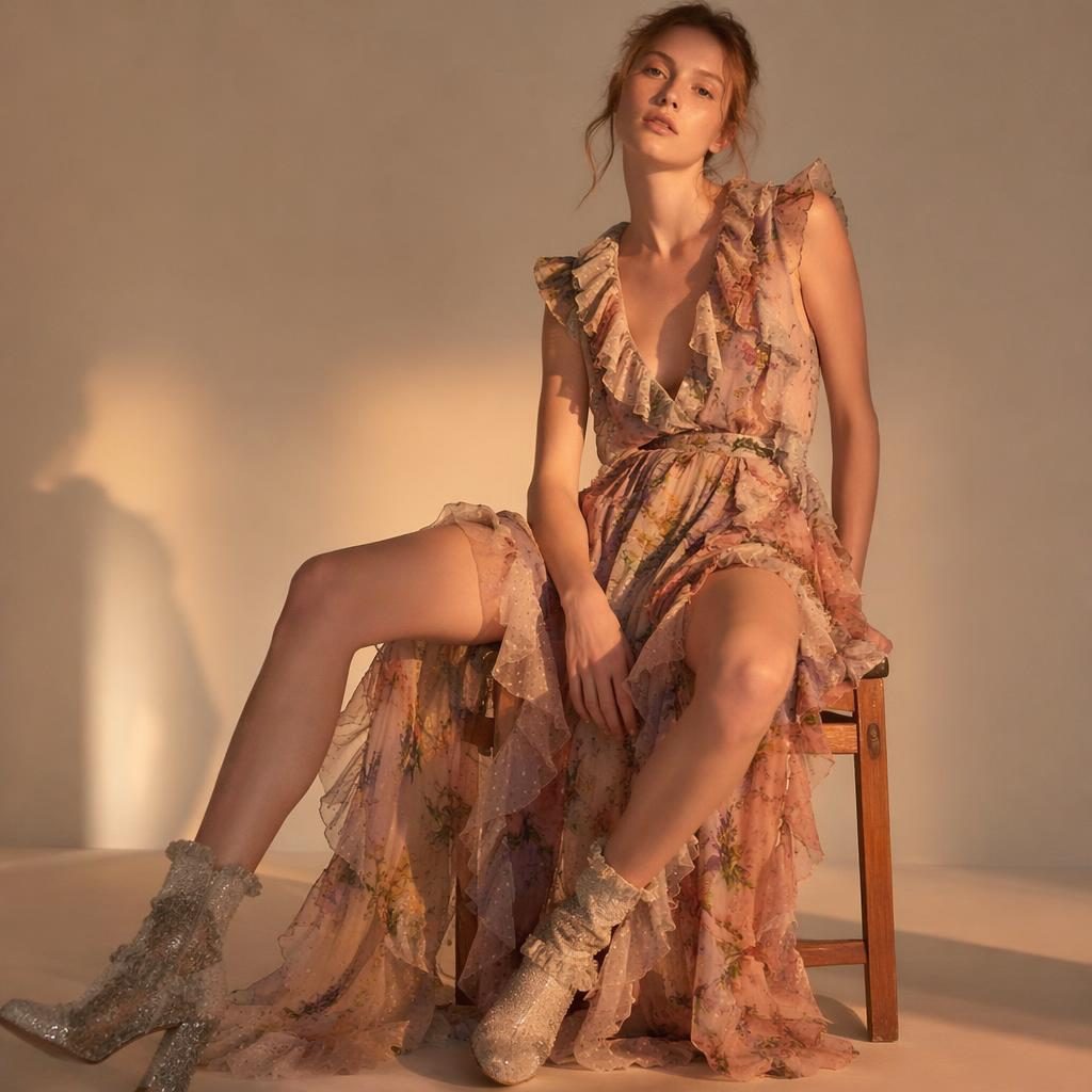 Editorial fashion model in a rodarte lookbook outfit, posed candidly in a neutral studio with warm sunset lighting.