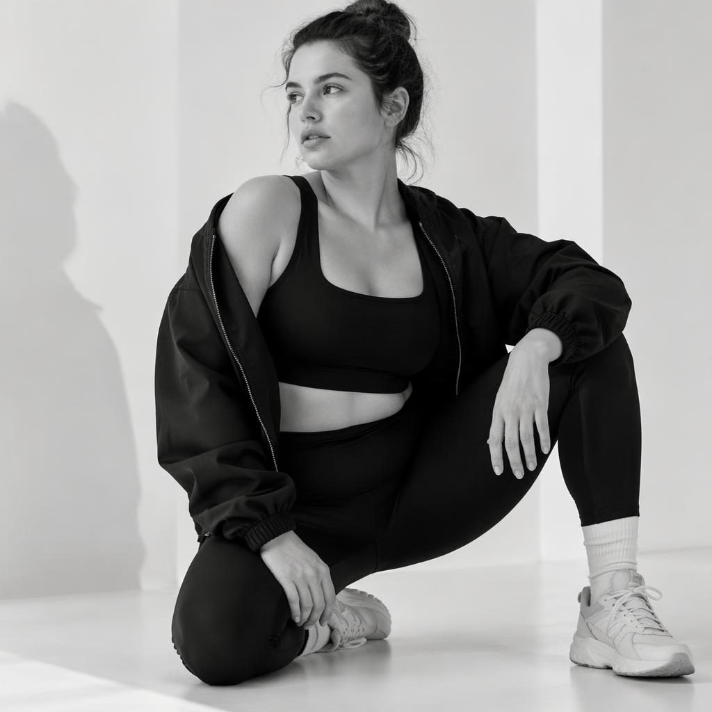 Schwarz-weißes mode fotoshooting mit Model in sportlicher Sportswear in minimalistischem weißen Raum