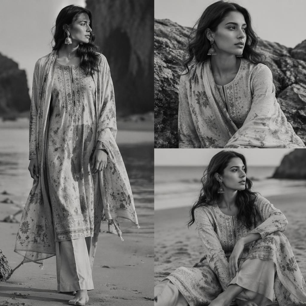Black and white fashion lookbook photo of a model in belliza winter suits on a quiet beach with a vintage 70s mood.