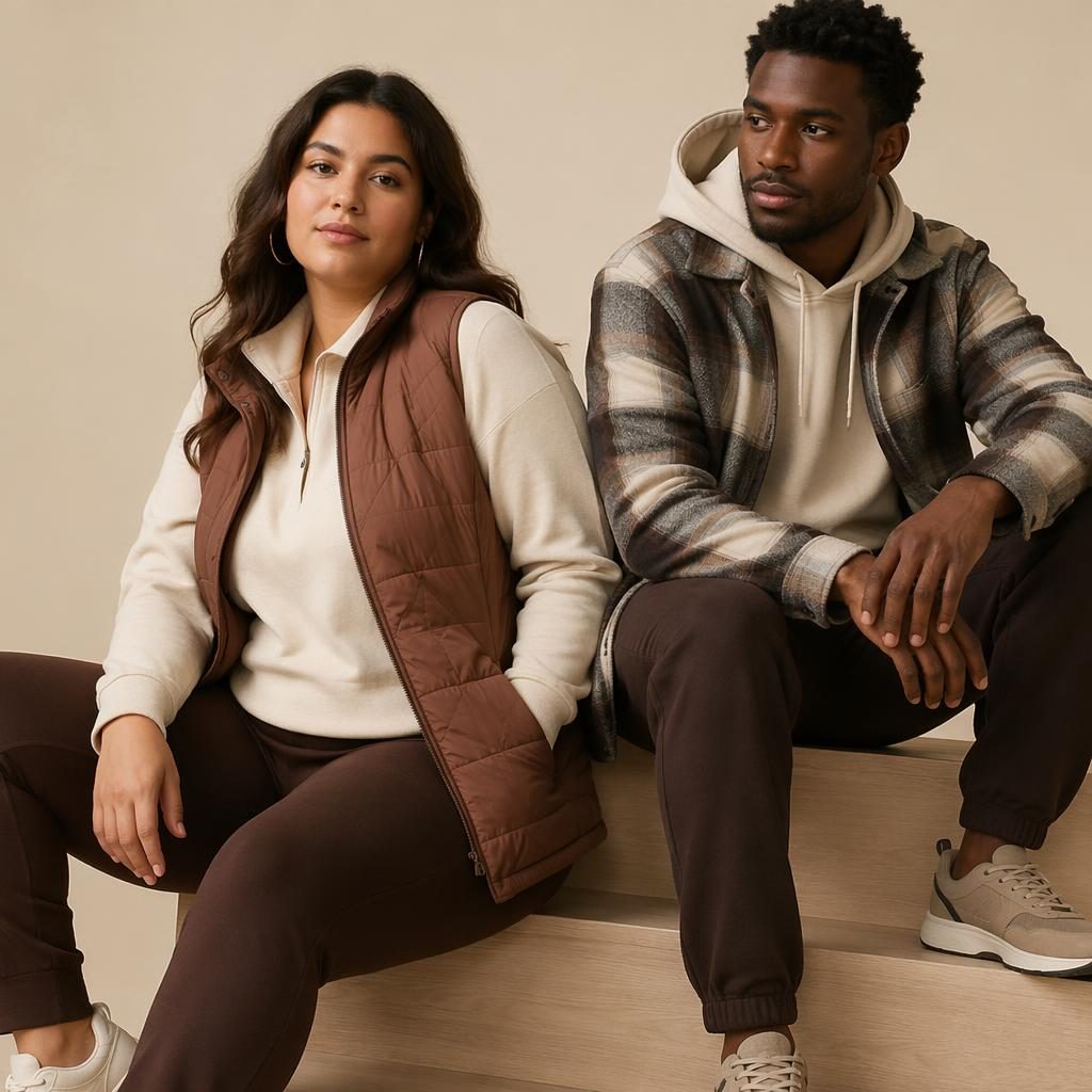 Editorial fashion model in sportswear posing in a neutral studio with warm earth tones and soft magazine lighting
