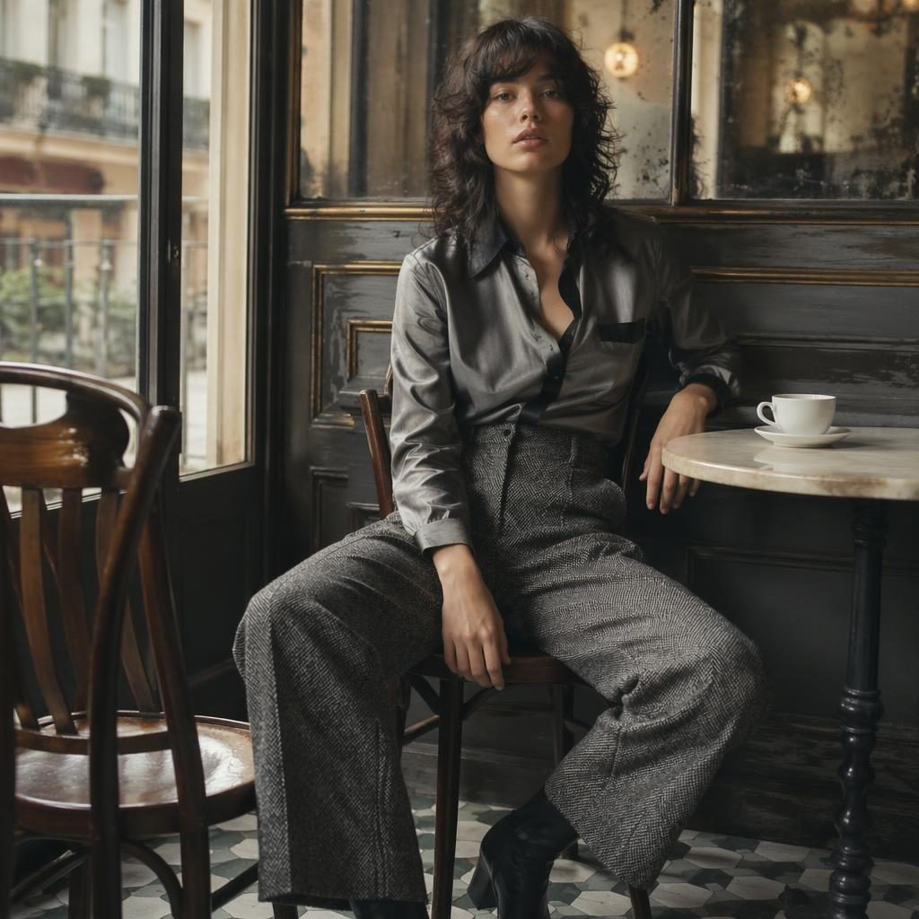 Modelo con look editorial en café vintage, paleta gris fría, pose natural y luz de revista de moda