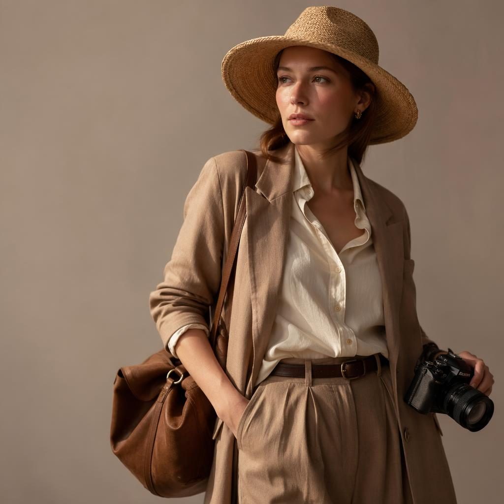 Editorial fashion model in a neutral studio wearing a coastal grandmother inspired sartorialist photographer look in warm sunset tones.