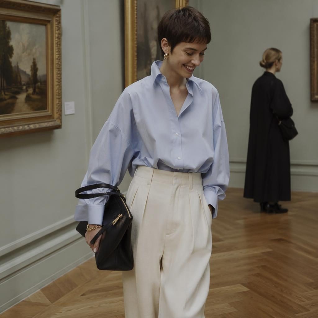 Editorial fashion model in a preppy pastel outfit posing candidly inside an art gallery with soft magazine lighting.