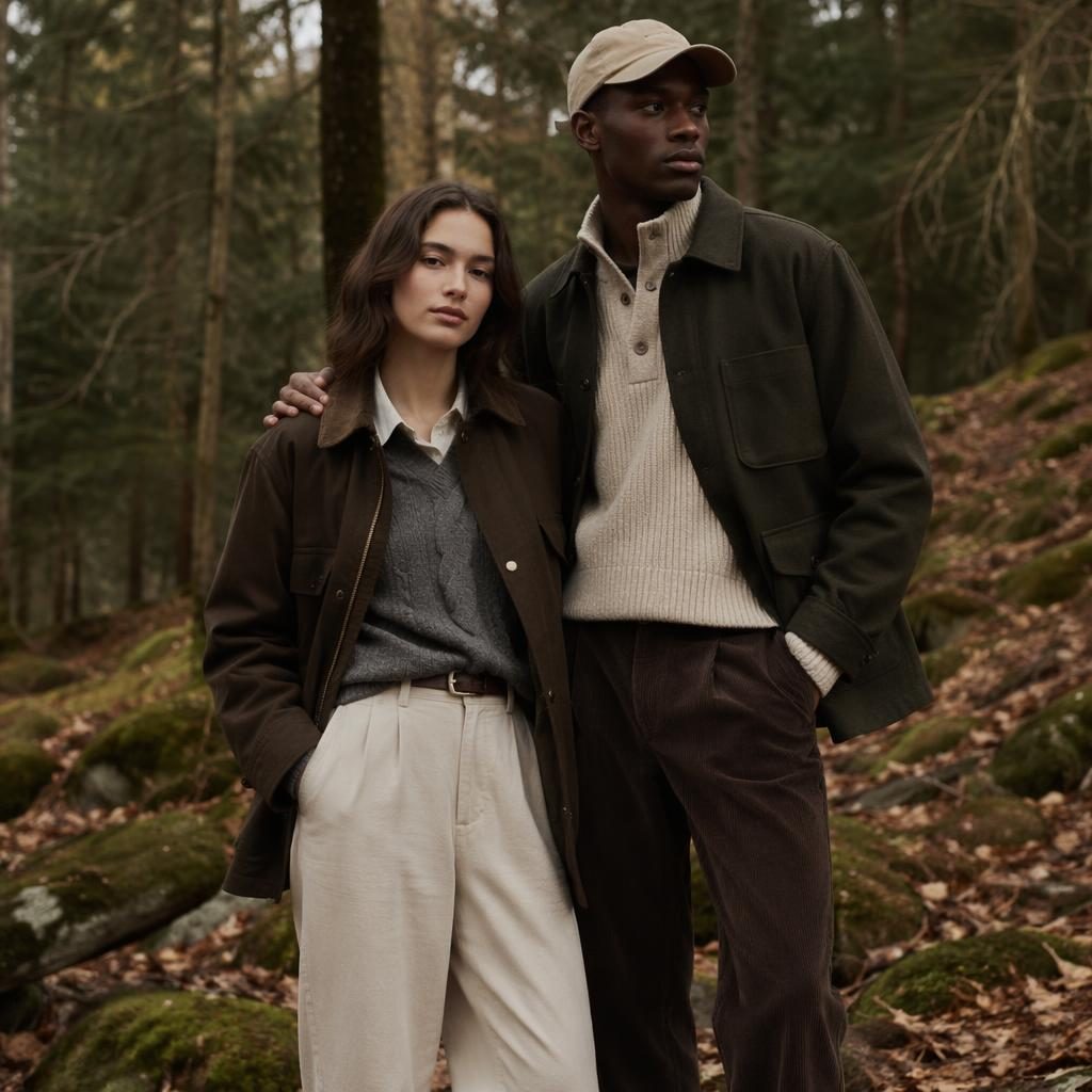 Editorial fashion model in ltd commodities clothing standing in a quiet forest with warm earth tones and preppy styling.