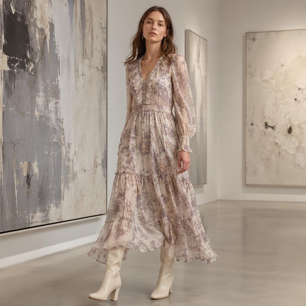 Editorial fashion model in a bohemian flowy outfit posing naturally inside a cool gray art gallery with luxe lighting