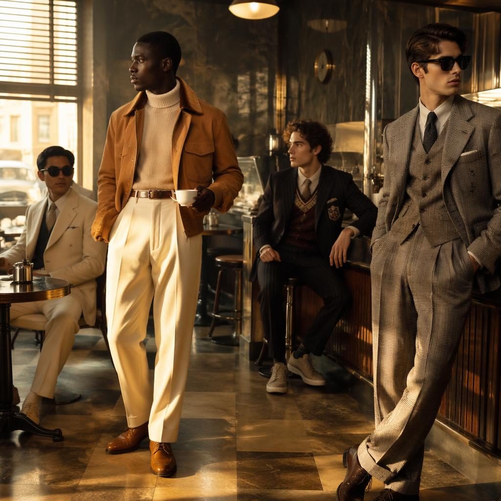 Editorial men's fashion model in a futurist outfit at a vintage cafe, warm sunset light, bold magazine-style pose.
