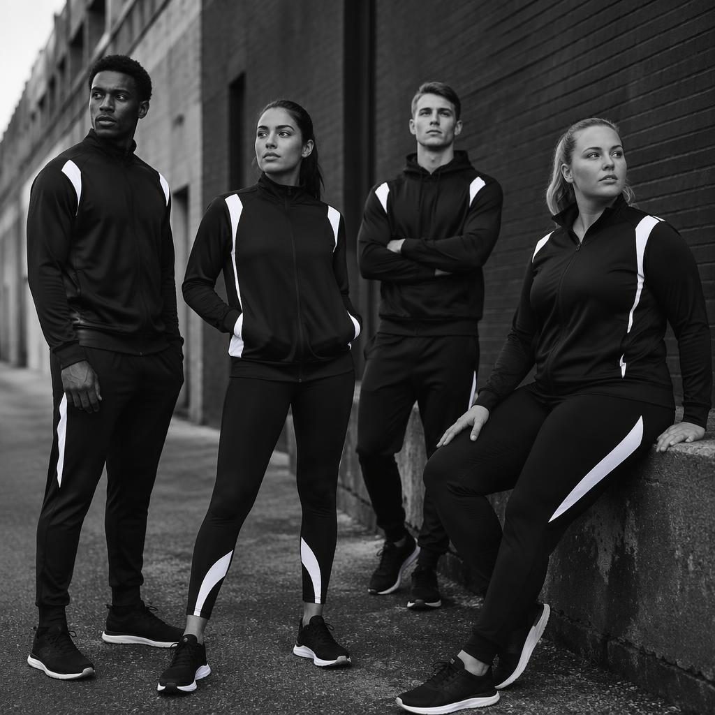 Black-and-white editorial photo of a generic model in athletic sportswear on a moody urban street, natural pose.
