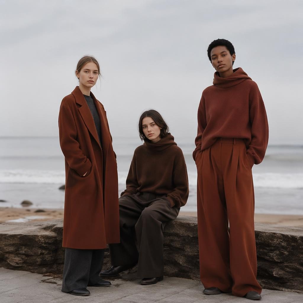 Editorial fashion model in a minimalist streetwear outfit on a beach, shot in soft dreamy light with autumn rust tones.