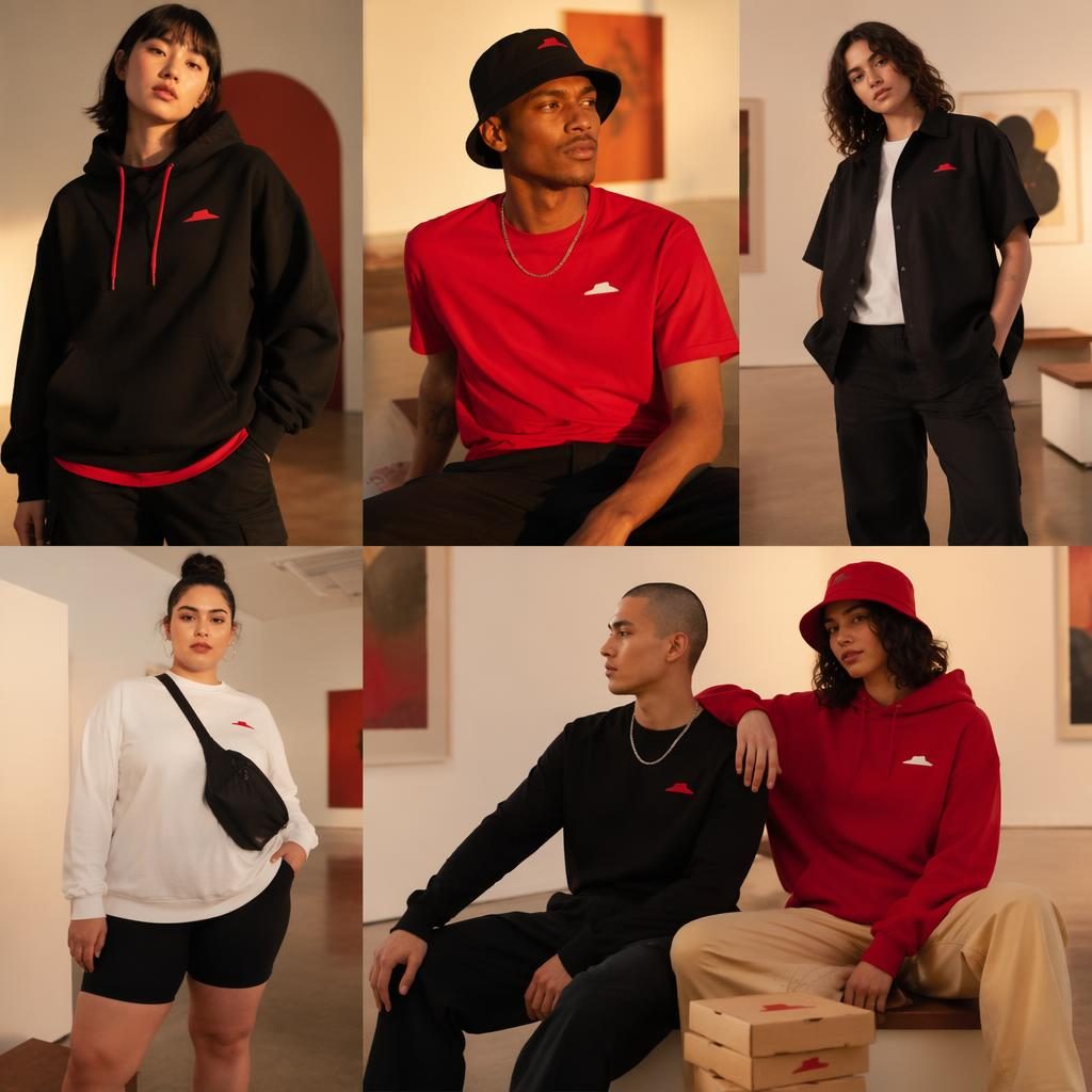 Model in pizza hut apparel catalog outfit posing in a minimalist art gallery with warm sunset tones and editorial lighting.