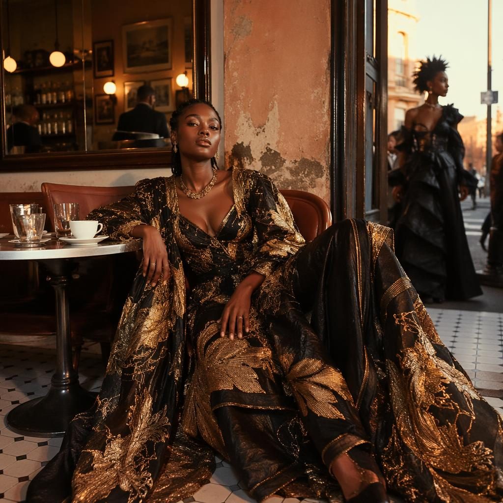 Editorial fashion model in a streetwear-inspired met gala look book outfit posing in a vintage cafe at sunset