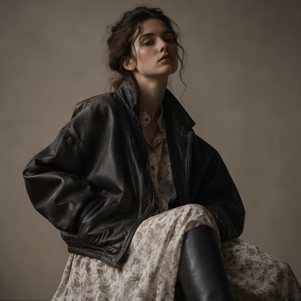 Modèle en studio neutre, tenue inspirée éditoriale, palette de neutres sourds, ambiance sombre et pose naturelle.