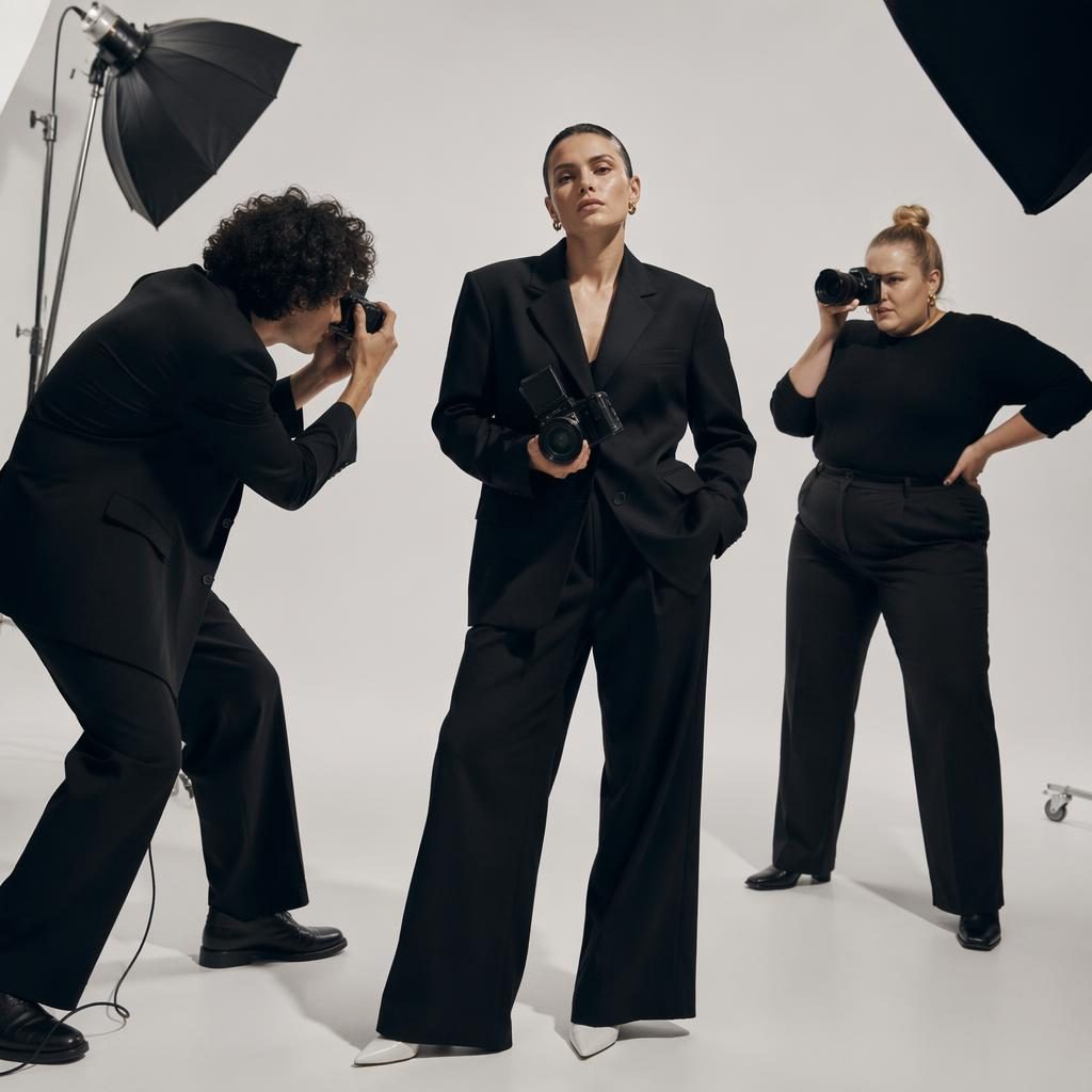 Editorial fashion model in a minimalist white studio, bold high-contrast styling, natural pose, magazine lighting