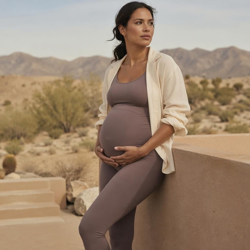 Editorial fashion model in muted neutral maternity activewear posed in a desert setting with a luxurious old money preppy vibe.
