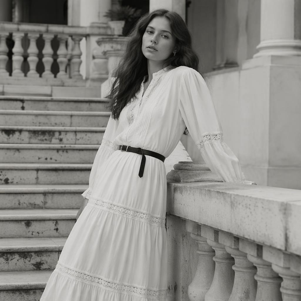 Black and white fashion lookbook image of a model in a cottagecore-inspired editorial outfit inside an architectural building.