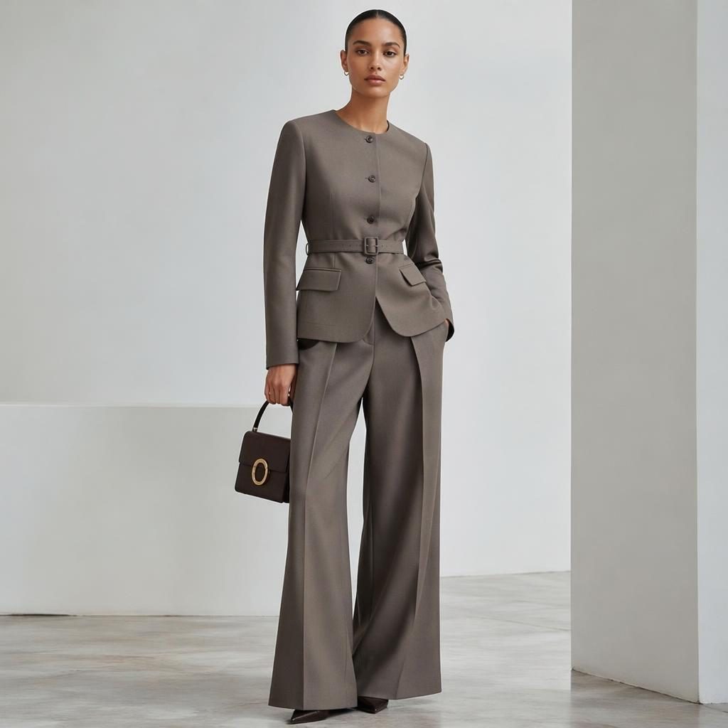 Editorial fashion model in a Kate Lord catalog outfit posed naturally in a minimalist white studio with moody lighting.