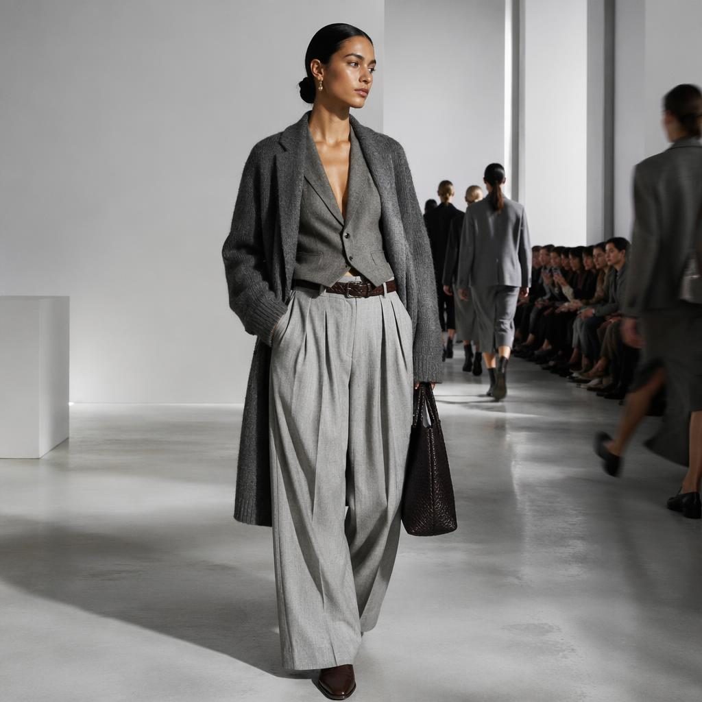 Modèle en tenue photographe défilé dans un espace blanc minimaliste, pose naturelle, palette gris froid.