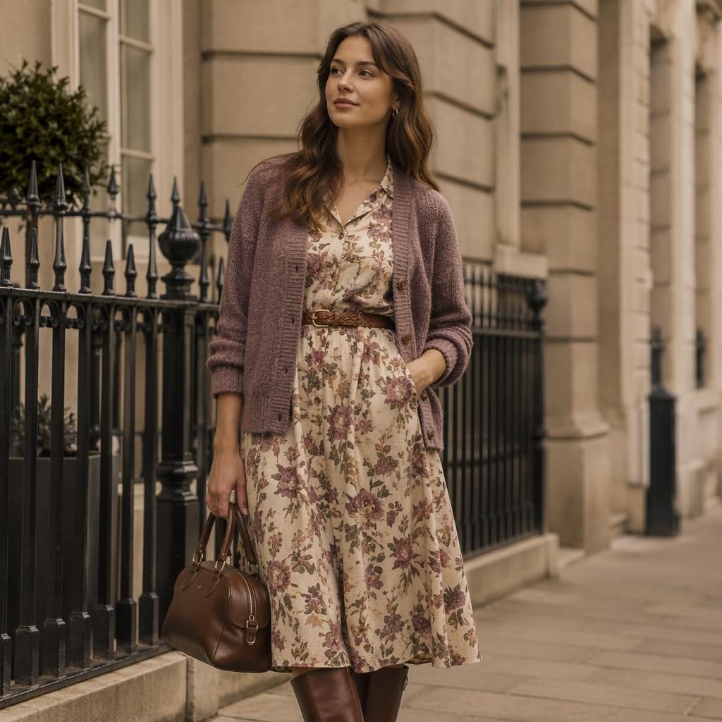 Model in a preppy warm-toned outfit on an urban street, styled like a Laura Ashley clothing catalogue editorial.