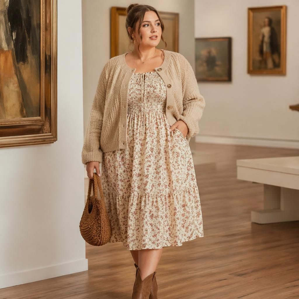 Plus-size model in a cottagecore outfit posed naturally in an art gallery with dreamy soft light and muted neutral tones.