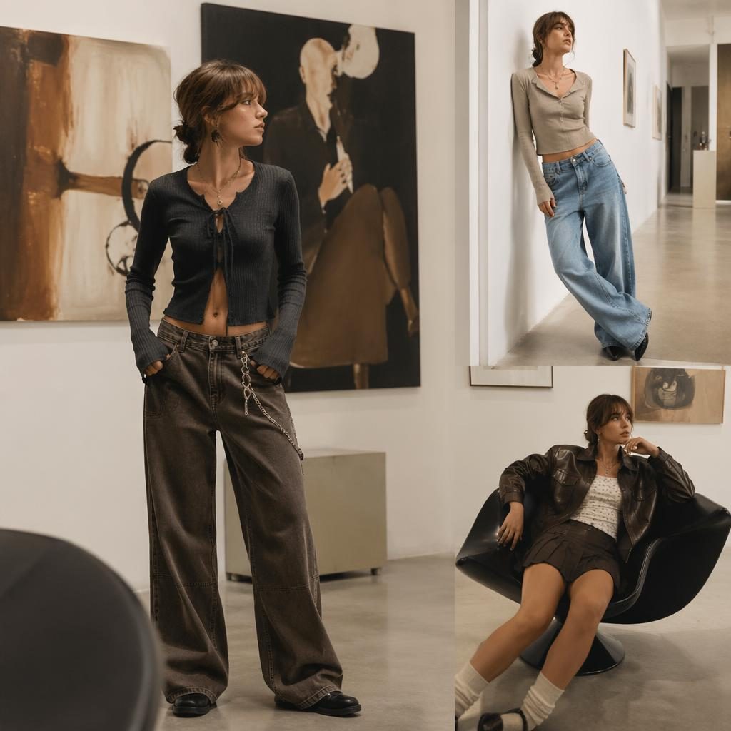 Modèle en tenue lookbook pimkie dans une galerie d’art, style grunge edgy, pose naturelle et tons neutres