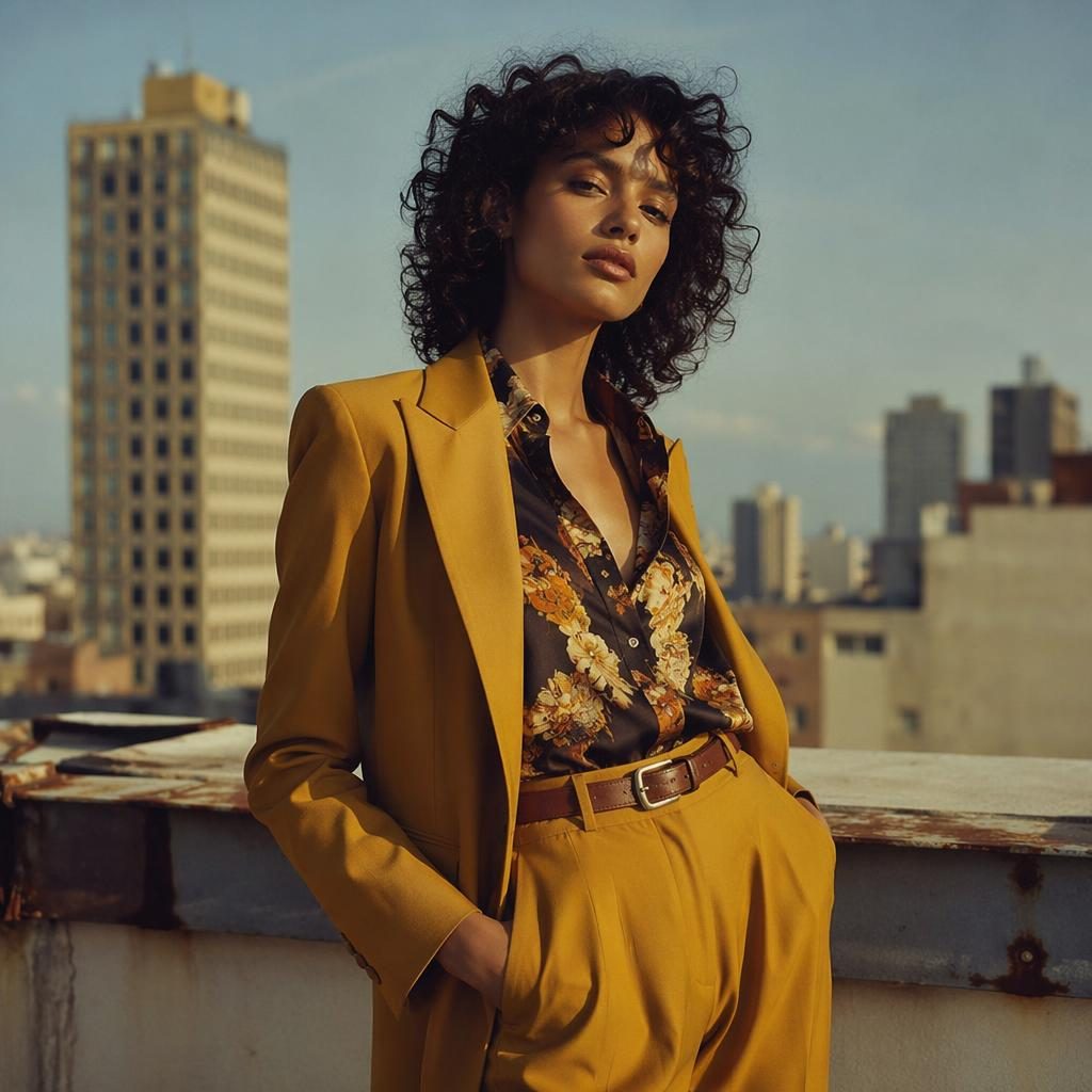 Fashion model posing naturally on a city rooftop in a vintage 70s look with bold colors and magazine-style lighting