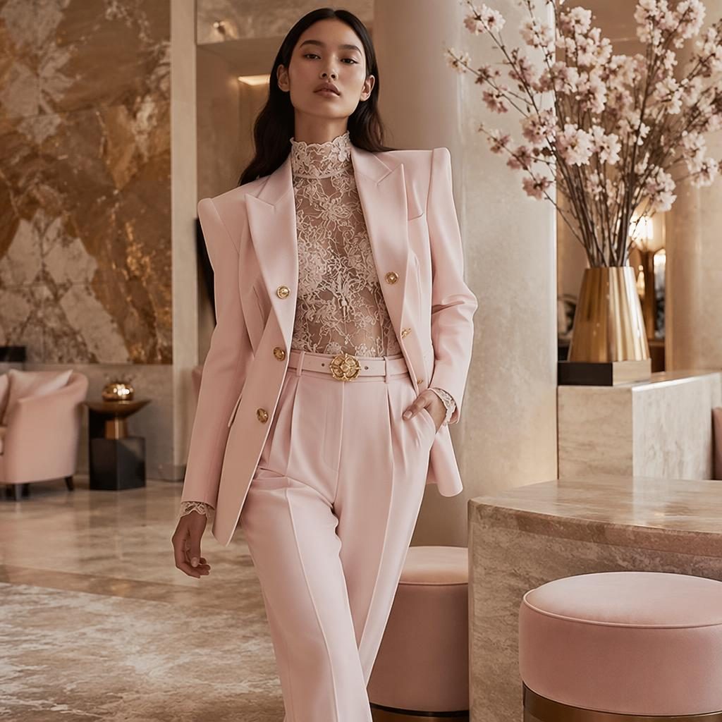 Editorial fashion model in a minimalist pastel outfit posing naturally in a luxury hotel lobby with bold energy