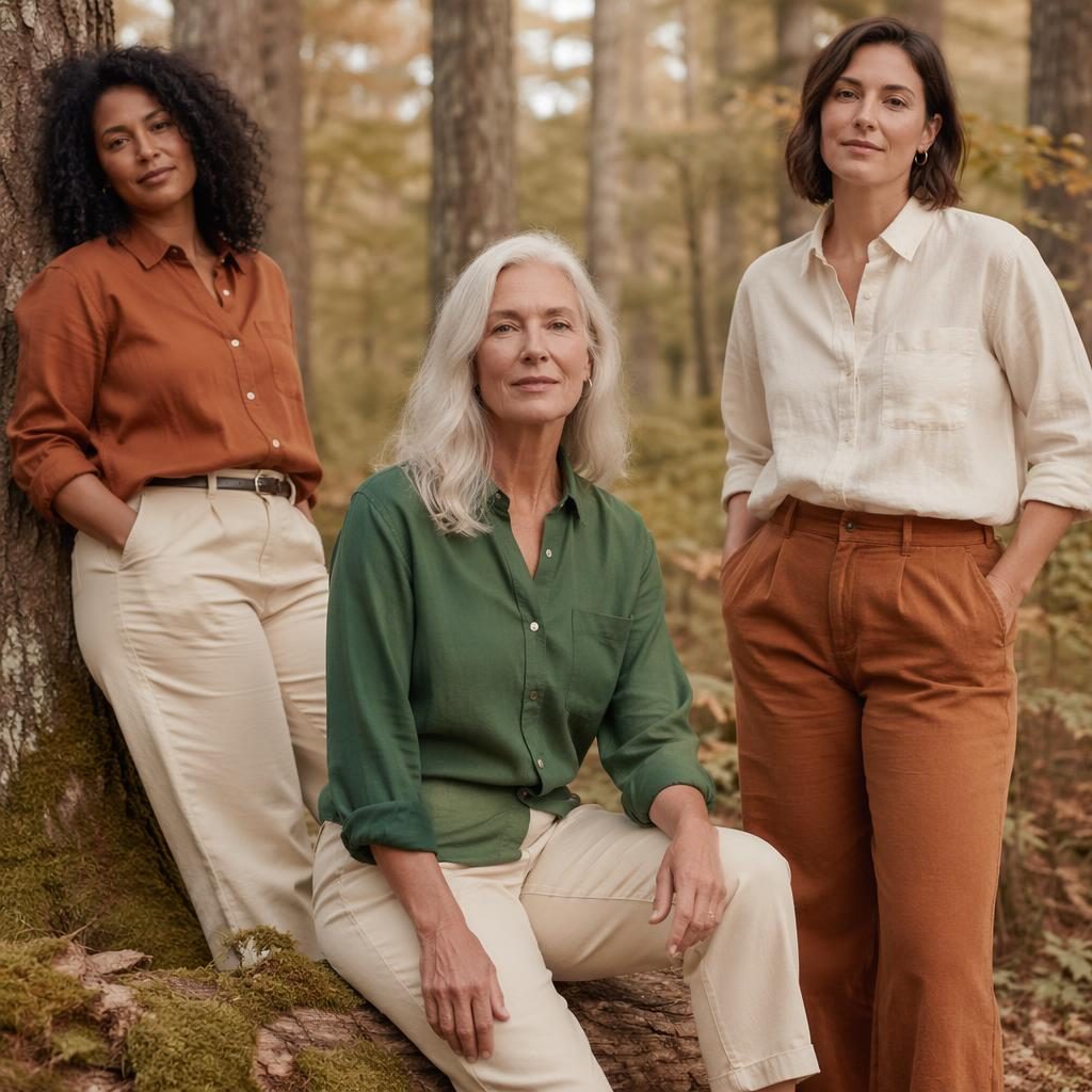 Model in a shirts catalogue editorial wearing a soft coastal grandmother look in a forest with dreamy autumn rust tones.
